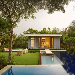 A modern design villa with open swimming pool and lush greenery. Total Area shall be 5000 sq. Ft