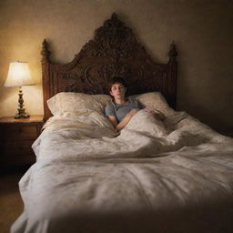 A dramatically lit image of an ornate but unmade bed, with a grumpy teenager visible in the background, showing clear reluctance to tidy it up.