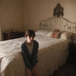 A dramatically lit image of an ornate but unmade bed, with a grumpy teenager visible in the background, showing clear reluctance to tidy it up.
