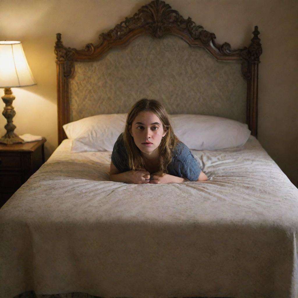 A dramatically lit image of an ornate but unmade bed, with a grumpy teenager visible in the background, showing clear reluctance to tidy it up.