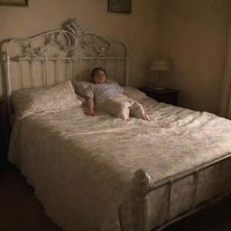 A dramatically lit image of an ornate but unmade bed, with a grumpy teenager visible in the background, showing clear reluctance to tidy it up.