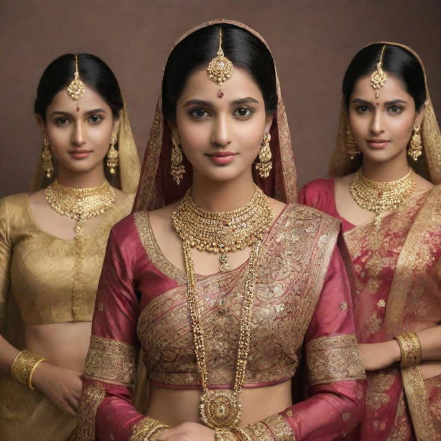 A historical representation of Indian women wearing traditional clothing of olden times, including sarees intricately draped or elaborate salwar kameez, adorned with traditional Indian gold jewelry.