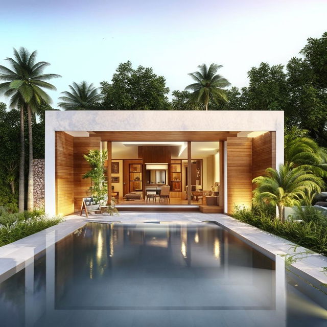 A modern design villa with open swimming pool and lush greenery. Total Area shall be 5000 sq. Ft