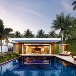 A modern design villa with open swimming pool and lush greenery. Total Area shall be 5000 sq. Ft