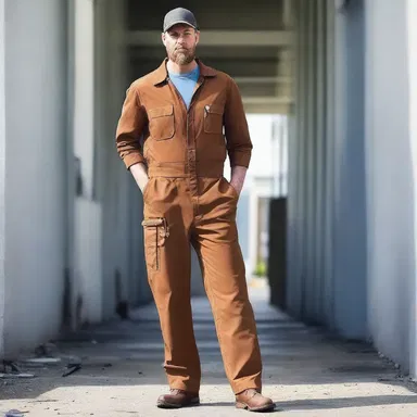 The maintenance man wore a stylish jumpsuit that featured functional pockets to carry all his tools while on the job.