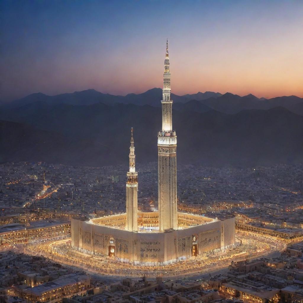 Generate a vivid image with the majestic Mecca Tower in the holy city, surrounded by scenic mountains and the Holy Mosque. Highlight the architectural beauty and spiritual prominence, encapsulating the grandeur of this sacred site.