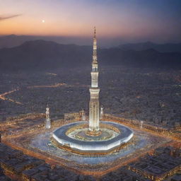 Generate a vivid image with the majestic Mecca Tower in the holy city, surrounded by scenic mountains and the Holy Mosque. Highlight the architectural beauty and spiritual prominence, encapsulating the grandeur of this sacred site.