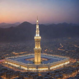 Generate a vivid image with the majestic Mecca Tower in the holy city, surrounded by scenic mountains and the Holy Mosque. Highlight the architectural beauty and spiritual prominence, encapsulating the grandeur of this sacred site.