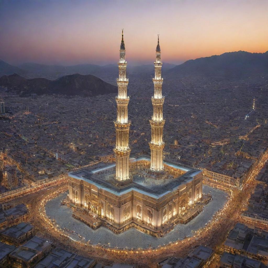 Generate a vivid image with the majestic Mecca Tower in the holy city, surrounded by scenic mountains and the Holy Mosque. Highlight the architectural beauty and spiritual prominence, encapsulating the grandeur of this sacred site.