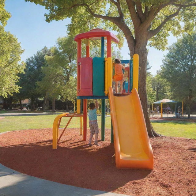 Innocent children exploring, playing, and learning in a safe, colorful playground amid the sunshine.