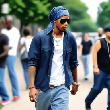 He wore baggy jeans and a bandana around his head, looking like a true homeboy.
