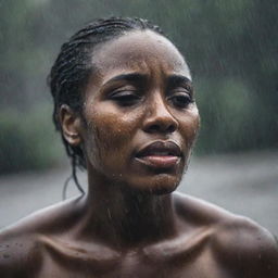 A powerful image of a black woman, captured in a moment of deep emotion, as she cries alone standing under a pouring rain. The raindrops mingle with her tears as they trace lines down her face.