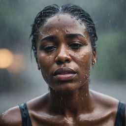 A powerful image of a black woman, captured in a moment of deep emotion, as she cries alone standing under a pouring rain. The raindrops mingle with her tears as they trace lines down her face.