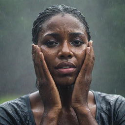 A powerful image of a black woman, captured in a moment of deep emotion, as she cries alone standing under a pouring rain. The raindrops mingle with her tears as they trace lines down her face.