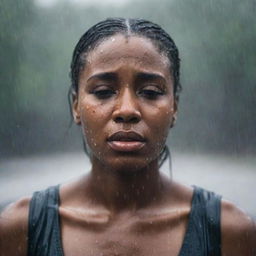 A powerful image of a black woman, captured in a moment of deep emotion, as she cries alone standing under a pouring rain. The raindrops mingle with her tears as they trace lines down her face.