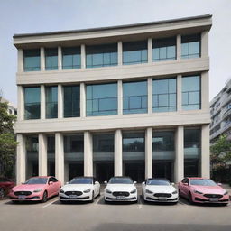 An elegant, modern Korean building named XIAOTING, with a feminine aesthetic, surrounded by a multitude of stylish, feminine cars