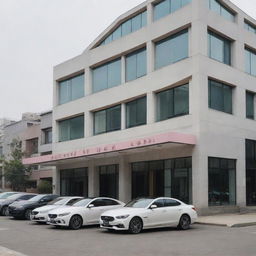 An elegant, modern Korean building named XIAOTING, with a feminine aesthetic, surrounded by a multitude of stylish, feminine cars