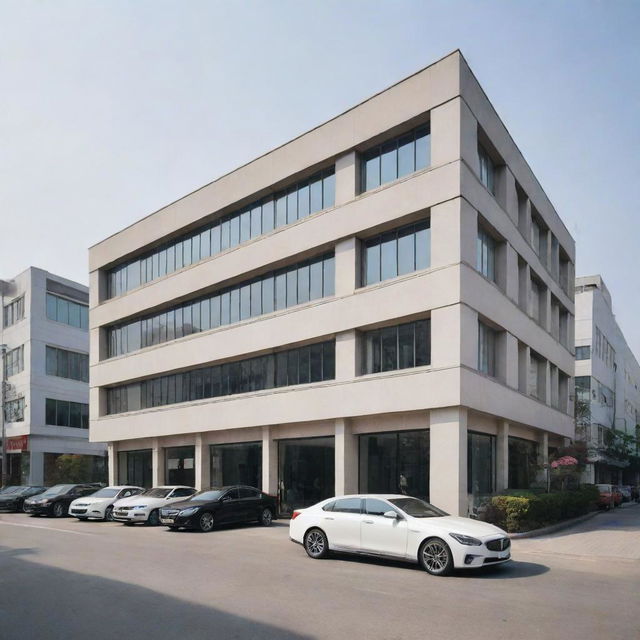 An elegant, modern Korean building named XIAOTING, with a feminine aesthetic, surrounded by a multitude of stylish, feminine cars