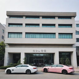 An elegant, modern Korean building named XIAOTING, with a feminine aesthetic, surrounded by a multitude of stylish, feminine cars