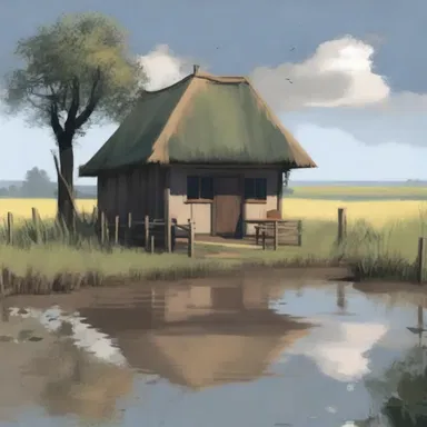 The protagonist built a small cottage on the flood plain, unaware of the impending disaster that would strike.
