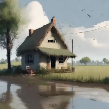 The protagonist built a small cottage on the flood plain, unaware of the impending disaster that would strike.