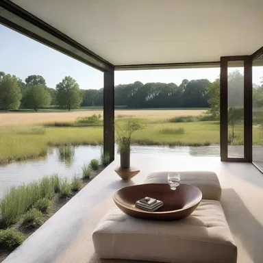 The modern house design incorporated large windows overlooking the nearby flood plain, creating a serene and picturesque view.