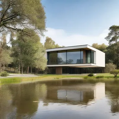 The modern house design incorporated large windows overlooking the nearby flood plain, creating a serene and picturesque view.