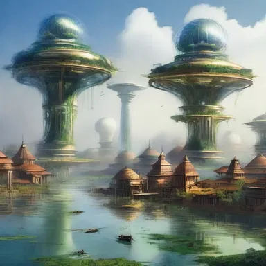 In the distant future, an advanced civilization constructed floating cities on flood plains to harness the power of the overflowing water.