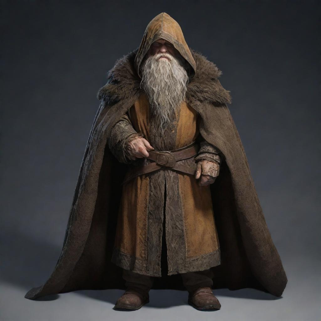 An enigmatic dwarf character with face concealed by his flowing, textured cloak.