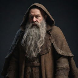 An enigmatic dwarf character with face concealed by his flowing, textured cloak.