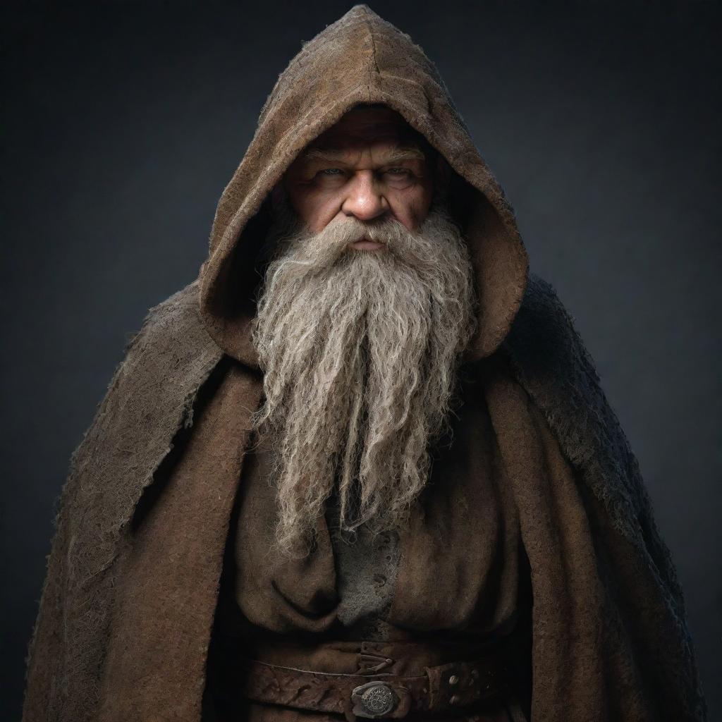 An enigmatic dwarf character with face concealed by his flowing, textured cloak.