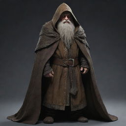 An enigmatic dwarf character with face concealed by his flowing, textured cloak.