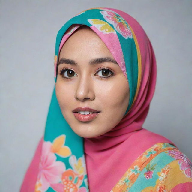 A portrait of a Malay woman in a colourful, modest, and stylish hijab.