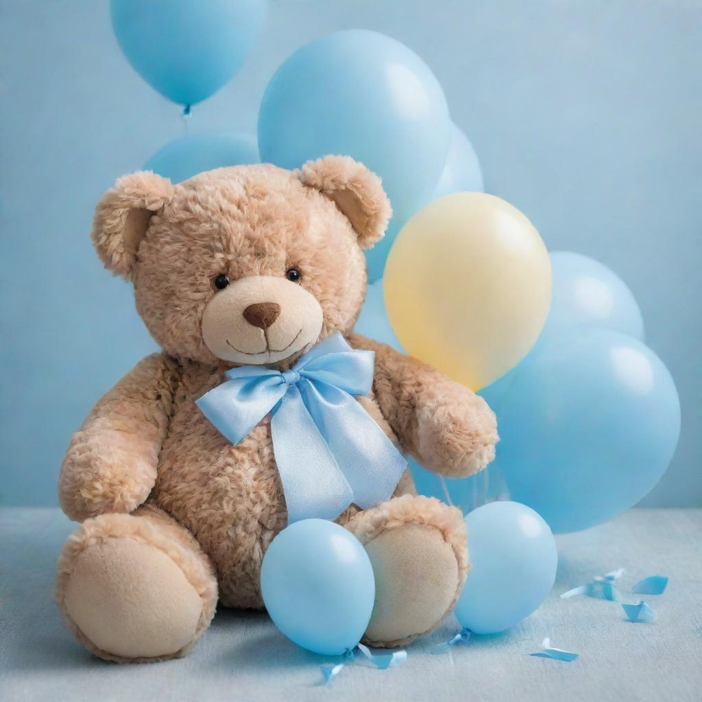 A soft, cuddly teddy bear beside pastel blue balloons, set against a serene background, symbolizing a boy's christening occasion.