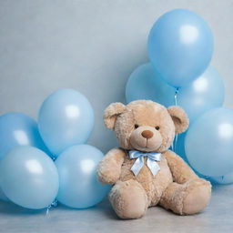 A soft, cuddly teddy bear beside pastel blue balloons, set against a serene background, symbolizing a boy's christening occasion.