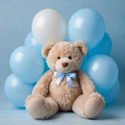 A soft, cuddly teddy bear beside pastel blue balloons, set against a serene background, symbolizing a boy's christening occasion.