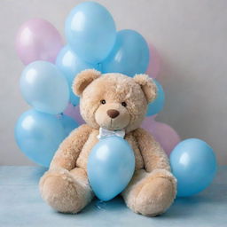 A soft, cuddly teddy bear beside pastel blue balloons, set against a serene background, symbolizing a boy's christening occasion.