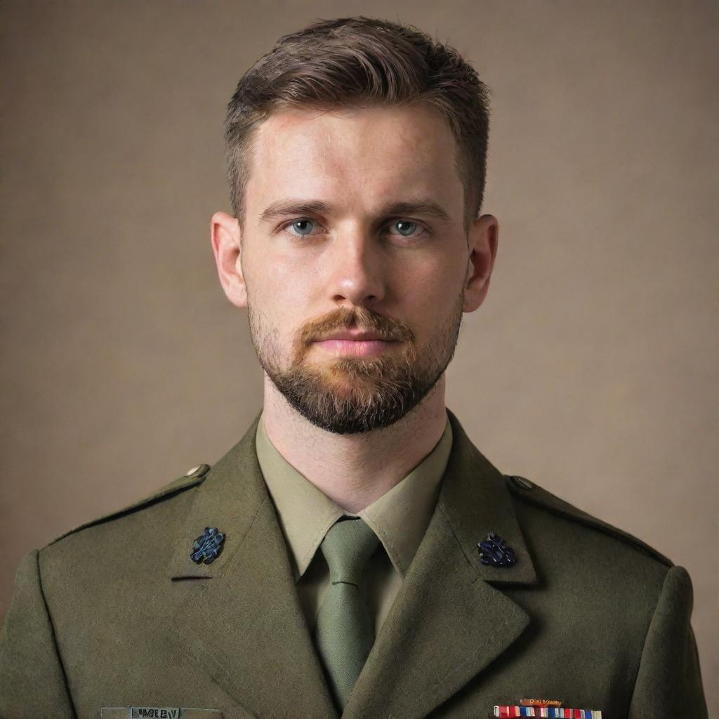 A tall, youthful military serviceman with short hair and a well-groomed beard. He's standing upright with a confident composure, reflecting his discipline and bravery