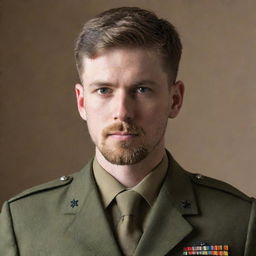 A tall, youthful military serviceman with short hair and a well-groomed beard. He's standing upright with a confident composure, reflecting his discipline and bravery