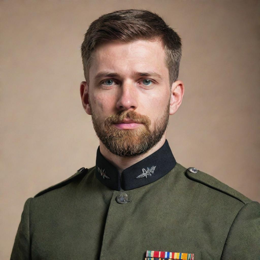 A tall, youthful military serviceman with short hair and a well-groomed beard. He's standing upright with a confident composure, reflecting his discipline and bravery