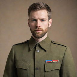 A tall, youthful military serviceman with short hair and a well-groomed beard. He's standing upright with a confident composure, reflecting his discipline and bravery