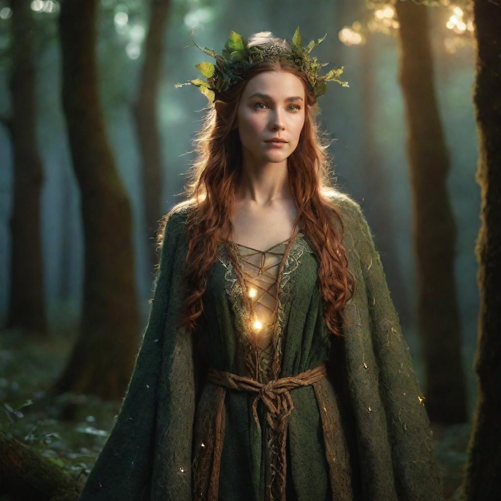 An elven druid exuding mystical warmth, adorned in nature-inspired garments, amidst an enchanted forest with celestial lights illuminating the scene.