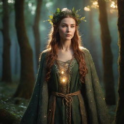 An elven druid exuding mystical warmth, adorned in nature-inspired garments, amidst an enchanted forest with celestial lights illuminating the scene.