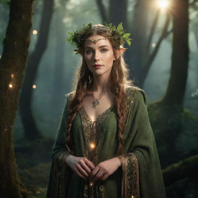 An elven druid exuding mystical warmth, adorned in nature-inspired garments, amidst an enchanted forest with celestial lights illuminating the scene.