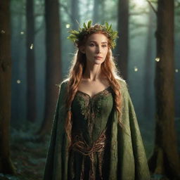 An elven druid exuding mystical warmth, adorned in nature-inspired garments, amidst an enchanted forest with celestial lights illuminating the scene.