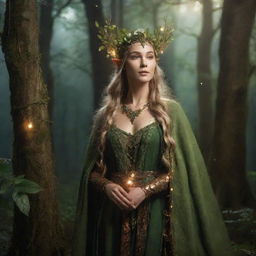 An elven druid exuding mystical warmth, adorned in nature-inspired garments, amidst an enchanted forest with celestial lights illuminating the scene.