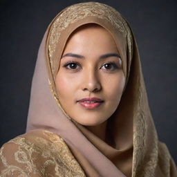 A portrait of a women wearing a traditional Malay hijab, exuding elegance and confidence