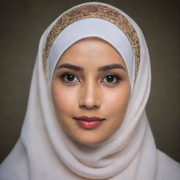 A portrait of a women wearing a traditional Malay hijab, exuding elegance and confidence