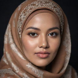 A portrait of an Indonesian woman, gracefully adorned in a hijab, showcasing the beauty of Indonesian culture