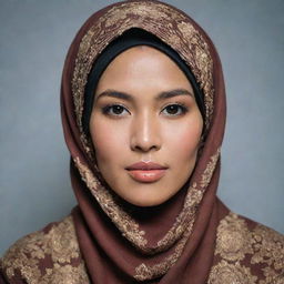 A portrait of an Indonesian woman, gracefully adorned in a hijab, showcasing the beauty of Indonesian culture